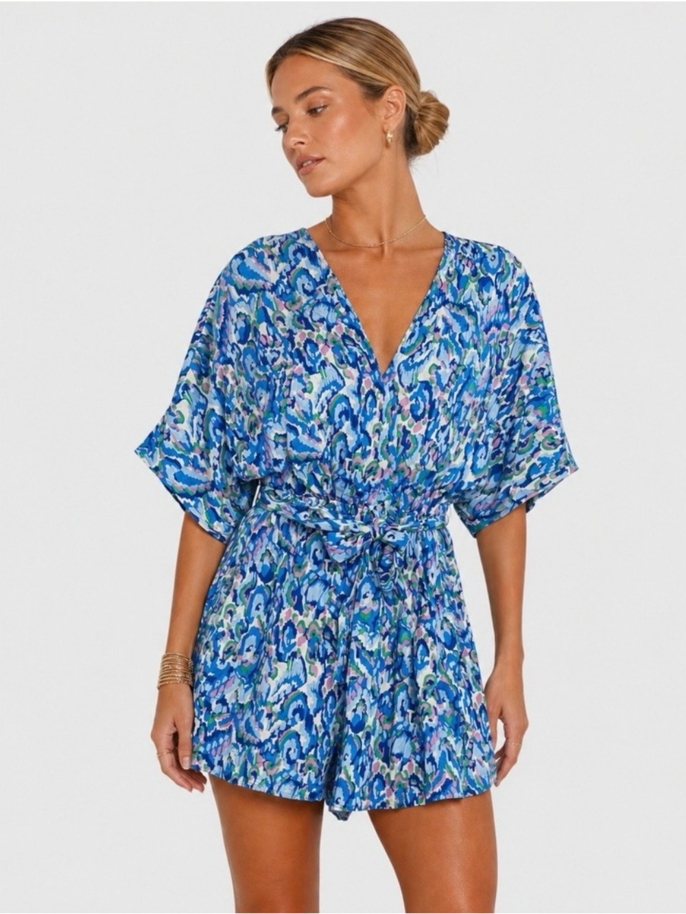 Cupshe Blue Abstract Ikat Rayon V-Neck Belted Cover Up Swim Romper L NWT